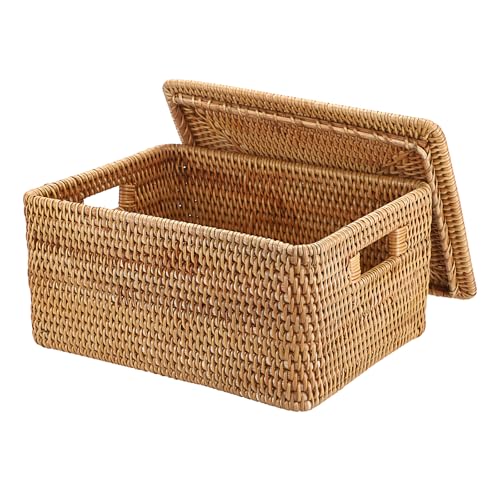 Hipiwe Wicker Storage Bins with Lid Handwoven Rattan Baskets Rectangular Decorative Shelf Baskets Bin with Handles Household Basket Boxes for Home Organizing,13.2"L x10.2"W x6.7"H - size: 13.2"L x 10.2"W x 6.7"H