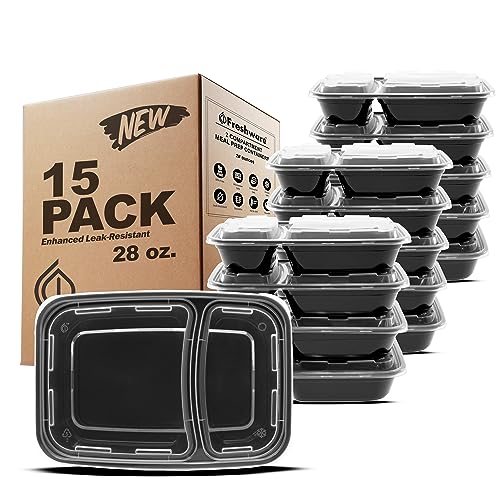 Freshware Meal Prep Containers [15 Pack] 2 Compartment with Lids, Food Storage Containers, Bento Box, BPA Free, Stackable, Microwave/Dishwasher/Freezer Safe (28 oz), Black - size: 2-COMP-28OZ-15PK