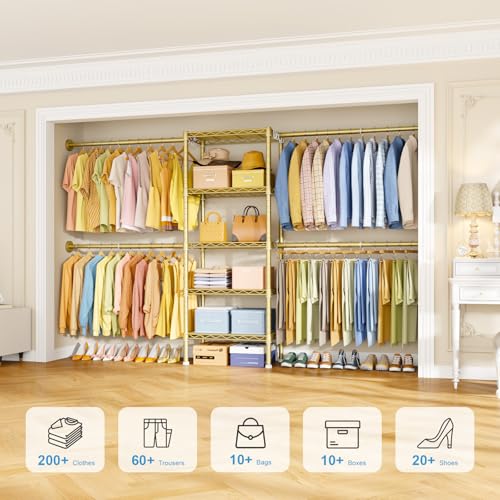Ulif M2 Wall-Mounted Clothes Rack, Metal Closet System with 4 Expandable Hanger Rods and 5 Metal Shelves, Mount-on-Wall Clothing Storage Organizer in (70.8-102.3)" L x 14.5" D x 71.2" H, Gold - color: Gold, size: M2