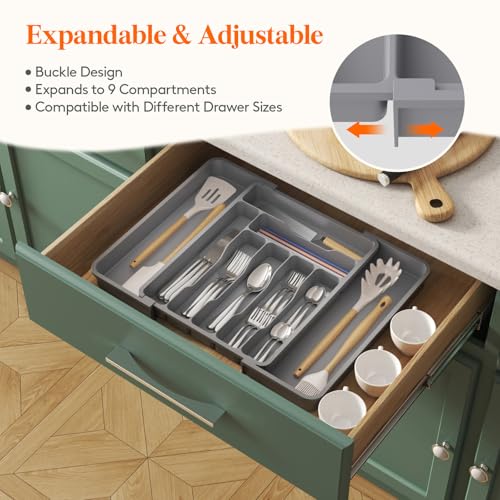 Lifewit Utensil Organizer for Kitchen Drawer, Expandable Cooking Silverware Tray, Adjustable Cutlery Flatware Holder, Plastic Spatula Tools Storage Divider, 11.8-19.6 x 15", Gray - color: Gray, size: L (11.8-19.6"W × 15"D )