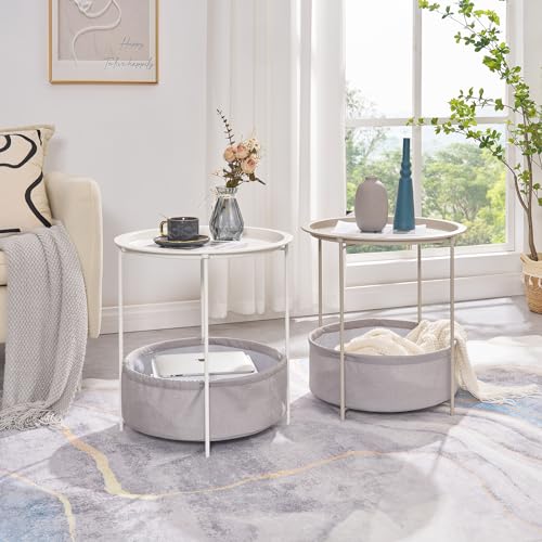 VECELO Round Side/End Table with Fabric Storage Basket，Metal Anti-Rust and Waterproof Small Bedside Nightstand with Removable Tray Top for Living Room，Balcony & Laundry，Beige/1pcs with Basket - color: Beige, size: 1 PCS