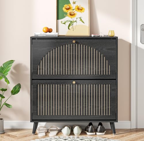 Fsbecl Shoe Storage Cabinet for Entryway with 2 Flip Drawers, Narrow Wood Shoe Cabinet with Fluted Panel, Freestanding Hidden Shoe Organizer for Foyer, Hallway (Black - with Shelf) - color: Black - With Shelf