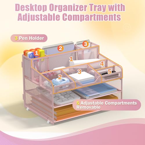 Docnest 3 Tier Mesh Desk Organizer for Paper Office Supplies – Multi-Functional Letter Tray with 5 Adjustable Compartments, 3 Pen Holders, Desktop Storage for Files, Mail, Stationery – Pink - color: Pink, size: 12.7" x 9.1" x 8.6"