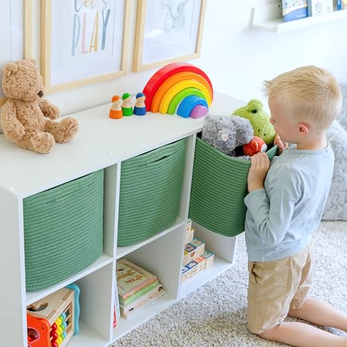 NaturalCozy Storage Cubes 11 Inch Cotton Rope Woven Baskets for Organizing, 3-Pack | Cube Storage Bin | Square Storage Baskets for Shelves Organizer, Classroom, Kids Toy Bins, Closet, Baby Nursery - color: Green