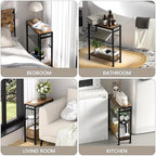 Small Side Table Set of 2 for Small Space, 3-Tier Narrow End Table with Magazine Holder, Slim Nightstand, Skinny Snack Couch Table in Living Room, Bedroom and Balcony (Rustic Brown &Black) - color: Rustic Brown-2pcs