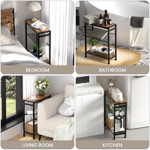 Small Side Table Set of 2 for Small Space, 3-Tier Narrow End Table with Magazine Holder, Slim Nightstand, Skinny Snack Couch Table in Living Room, Bedroom and Balcony (Rustic Brown &Black) - color: Rustic Brown-2pcs
