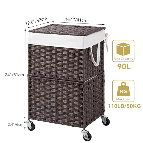 Chrislley 90L Slim Laundry Hamper with Wheels, Rolling Laundry Basket with Lid and Renovable Liner Bag, Handwoven Rattan Organizer for bedroom, bathroom, laundry room (Brown) - color: Brown
