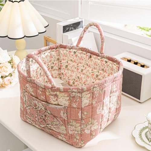 Boho Fabric Storage Basket, Boho Laundry Basket with Handle, Floral Pattern Foldable Laundry Baskets, Large Capacity Tote Bag Convenient for Organizing Clothes and Sundries (Pink) - color: Pink