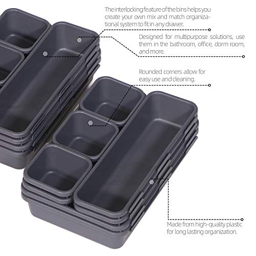 Set of 12 Interlocking Desk Drawer Organizer Tray Dividers Plastic Shallow Narrow Drawers Organizers Separators and Storage Bins Container for Kitchen Bathroom Makeup Office Vanity Bedroom Dresser - color: Black