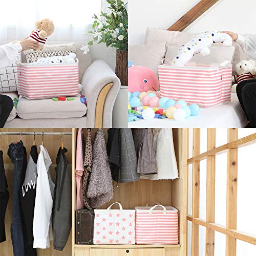 Sea Team Collapsible Canvas Fabric Storage Basket with Handles, Rectangle Waterproof Storage Bin, Box, Cube, Foldable Shelf Basket, Closet Organizer, 16.5 x 11.8 x 9.8 Inches, Pink Stripe - color: Stripe/Pink, size: 16.5 Inch (Pack of 1)