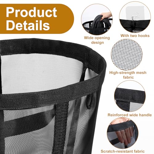 2 Pcs Mesh Bags with Handles, Collapsible Laundry Basket, Foldable Laundry Bag, Breathable Folding Beach Bag,Space-saving Travel Tote Bags (2, Black)