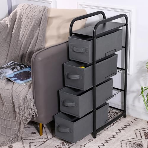 MAX Houser 4 Drawer Narrow Dresser Fabric Storage Tower Vertical Slim Storage Chest Organizer Nightstand Side/End Table Small Standing Organizer Removable Drawers Wood Top for Bedroom, Bathroom（Grey - color: Grey2