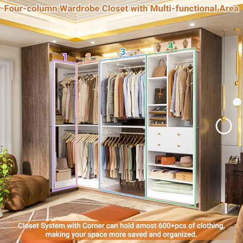 Closet System with 2 Drawers, 5 Hanging Robs, 4 Adjustable Shelves, 90.5"*31.5" Closet Organizer System with Corner Tower, L-shape Walk-in Closet System, Corner Closet System Set of 2, White - color: White, size: 90.5" * 31.5"