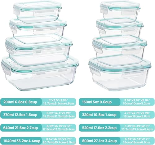 Vtopmart 8 Pack Glass Food Storage Containers with Airtight Lids, Glass Meal Prep Containers, Lunch Office Meal for Microwave, Oven, Freezer and Dishwasher, BPA Free - color: Green