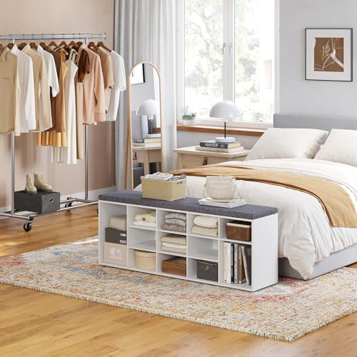 DINZI LVJ Shoe Storage Bench with Cushion, 15-Cubby Shoe Rack, Adjustable Shelves, Long Shoe Organizer Bench for Entryway, Mudroom, Hallway, Living Room, Bedroom and Garage, White - color: White, size: 15 Cubby
