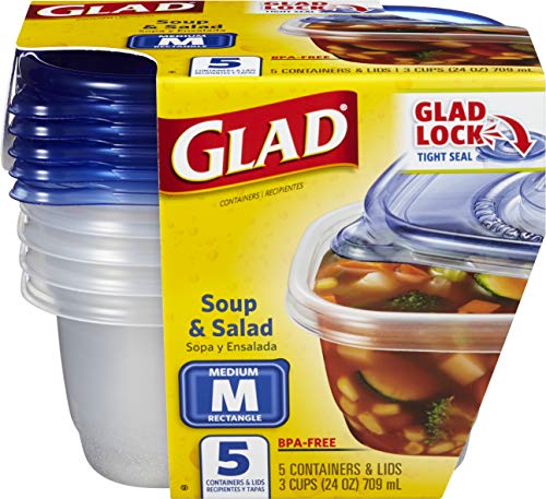 Glad GladWare Medium Rectangle Food Storage Containers with Lids, BPA Free Plastic for Soups Salads and Meal Prep, Airtight Leak Resistant, Microwave Dishwasher Freezer Safe, 24 Oz, 5 Count - 6 Pack - size: 24 oz - 30 Count, style: Rectangle