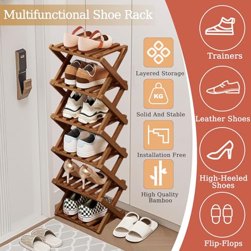 Comeon Bamboo Shoe Rack, Foldable Vertical Shoe Rack for Front Door Entrance Narrow Shoe Organizer Small Shoe Shelf for Entryway Shoe Storage Closet Multi-Tier (Brown Colors,5 Layers) - size: 5 Layers