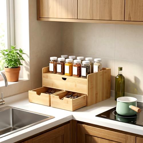 Desk Organizer with Drawers - Bamboo Desktop Organizer Storage | Wood Desk Drawers Organizer for Bills, Office Supplies, Cosmetics, Seals No Assembly Required - color: Nature-S1X2, size: 13"L x 9.84x 7.08"H