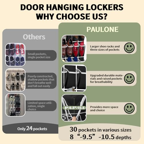 PAULONE Over the Door Organizer with 30 Large Pockets, 3 Sizes of Closet Hangers, Holds up to 69 lbs, Hanging Organizer with Clear Window for Children's Toys, Shoes, Diapers (Black) - color: Black