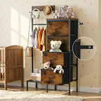 Lewondr Dresser with Hanging Rack and Storage Drawers, 4 Drawer Chest with Hooks and Hat Rack, Rustic Entryway Organizer for Clothes, Bags, Shoes and Accessories, Brown Wood Finish