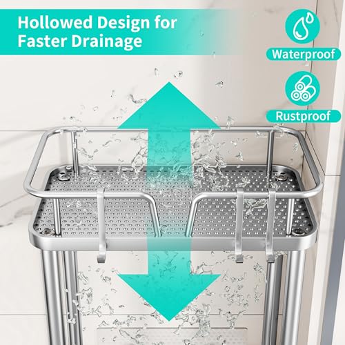 HapiRm Standing Corner Shower Caddy - 3 Tier Corner Shower Organizer with Soap Holder, Rustproof Stainless Steel Bathroom Shelf with 4 Hooks, Silver - color: Silver
