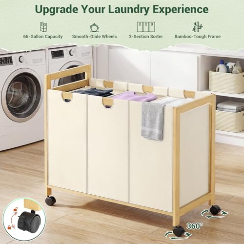 Homykic 250L Laundry Sorter Cart with Wheels, 3-Section Rolling Laundry Basket with Removable Bags, 66 Gal Large Laundry Hamper Organizer, Heavy Duty Bamboo Frame, Water-Resistant, Black - color: Creamy White