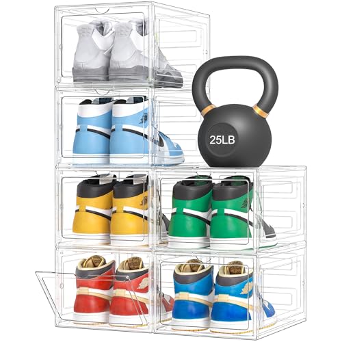 Pinkpum Upgraded Hard Shoe Storage Box 6 Pack X-Large Fit Size 12, Thicken & Sturdy Clear Plastic Stackable Shoe Organizer Box Closet, Sneaker Storage Display Case Holder Bins with Magnetic Door White - color: Clear, size: 6 pcs