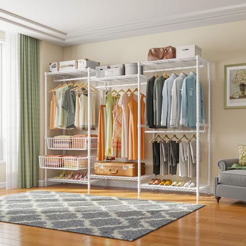 VIPEK V10 Wire Garment Rack 5-Tiers Heavy Duty Clothes Rack Large Size Clothing Rack with 4 Hanging Rods, 6 Wire Shelves and 2 Slid Baskets, 68.9" W x 15.7" D x 76.4" H, Max Load 920 LBS, White - color: White