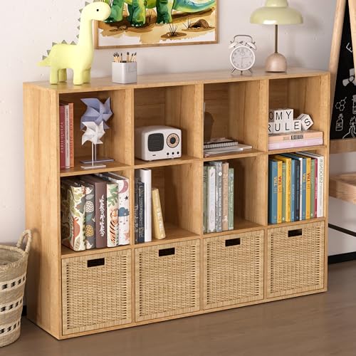 Wooden 12 Cube Storage Organizer with Closed Back Panel,Natural Oak Cube Shelf Cubby Storage Organizer with Compartments for Living,Bookshelf, Easy to Install (Oak, 12-Cube-11in) - color: Oak, size: 12-Cube-11in