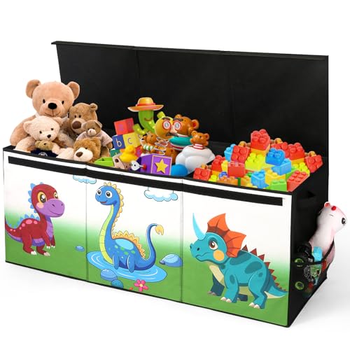 Extra Large Toy Box, Collapsible Storage Organizer with Lids, Sturdy Dinosaur Toy Chest for Boys Girls, 40"x14"x16" Kids Storage Bin Box Baskets for Living Room, Playroom, Bedroom, Nursery - color: Black