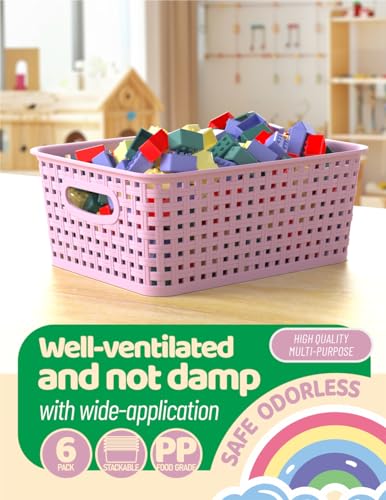WYT 6-Pack Plastic Small Shelf Storage Weave Baskets Organizing for Cabinets and Pantries, Lavender Purple - color: Lavender, size: 6-Pack