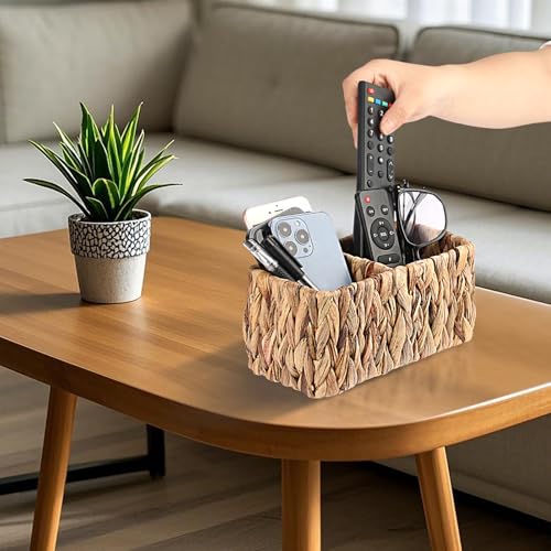 BTSKY Handwoven Remote Control Holder for Table, Natural Water Hyacinth Remote Organizer Caddy Small Wicker Storage Basket, 2-Compartment Office Supplies Desk Organizer Rustic Makeup Brushes Holder - size: 2-Slot