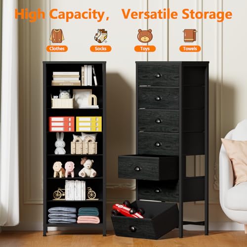 Furnulem Bedroom Dresser, Tall Chests of Drawers with 7 Fabric Bins, Black Organizer in Closet, Dorm, Living Room, Nursery, Hallyway-Storage Tower Unit, Sturdy Steel Frame - color: Black Oak, size: 11.8"D x 15.8"W x 43.3"H (7 Drawers)
