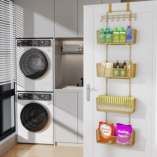HapiRm Over The Door Organizer - Hanging Door Organizer with 4 Metal Large Capacity Baskets and Adjustable Coat Hook for Bathroom Bedroom Kitchen Pantry Closet Cabinet - color: Gold