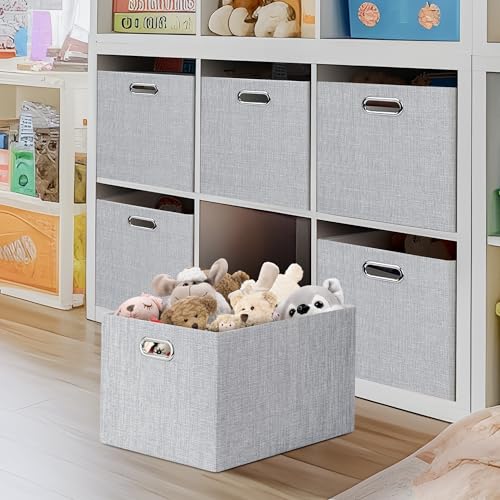 Posprica Closet Organizers and Storage, 4 Pack Large Linen Storage Bins, Decorative Shelf Storage Baskets for Organizing, Foldable Fabric Storage Box for Clothes, Toy, 16.5x12x10.25 Inch(Grey) - color: Grey, size: 16.5Lx12Wx10.25H