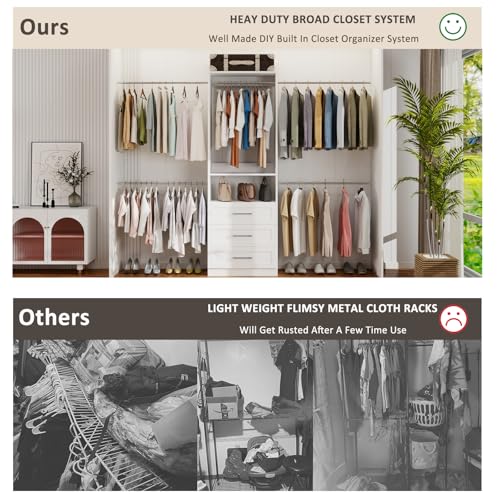 5–9FT Closet System with 3 Wood Drawers, Closet Organizer System with 5 Expandable Hanging Rods, Walk-in Closet System with Shelves, Wall Mounted Built-in Closet Organization System