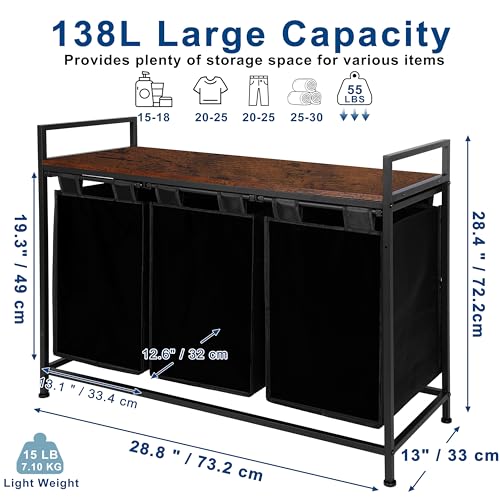 Whitmor Laundry Sorter, 138L Laundry Hamper with Shelf & 3 Removable Bags, 3 x 12.1 Gallons (46L), 36.4 x 13 x 28.4 Inches, Dirty Clothes Hamper Organizer for Laundry Room, Bathroom, Dorm, Black - size: 3 Section，Black