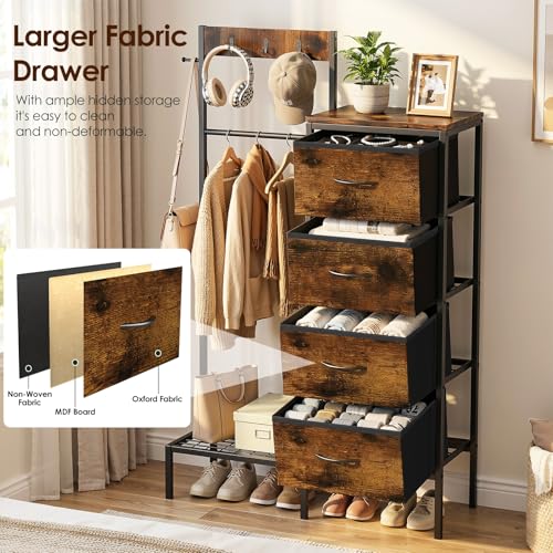 Lewondr Dresser with Hanging Rack and Storage Drawers, 4 Drawer Chest with Hooks and Hat Rack, Rustic Entryway Organizer for Clothes, Bags, Shoes and Accessories, Brown Wood Finish