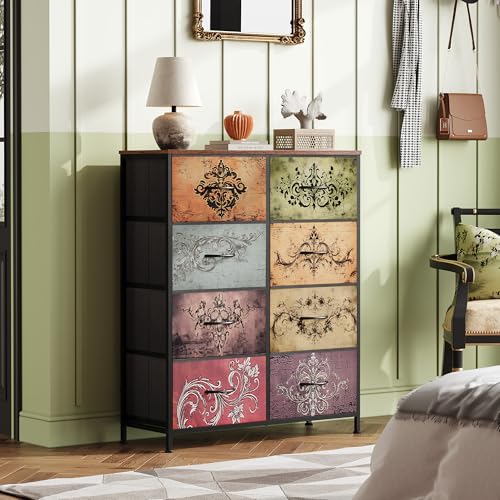WLIVE Fabric Dresser for Bedroom, Tall Dresser with 8 Drawers, Storage Tower with Fabric Bins, Double Dresser, Chest of Drawers for Closet, Playroom, Dormitory, Pattern - color: Pattern, style: General