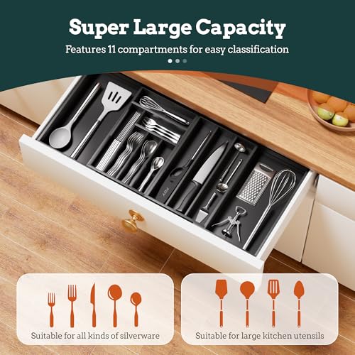 Silverware Organizer Large, Magnetic Connected Expandable 11 Slots Silverware Drawer Organizer from 21 to 37.4 Inches, Adjustable Flatware and Cutlery Holder, Bamboo Utensil Tray for Kitchen Black - color: Black, size: 11 Slots