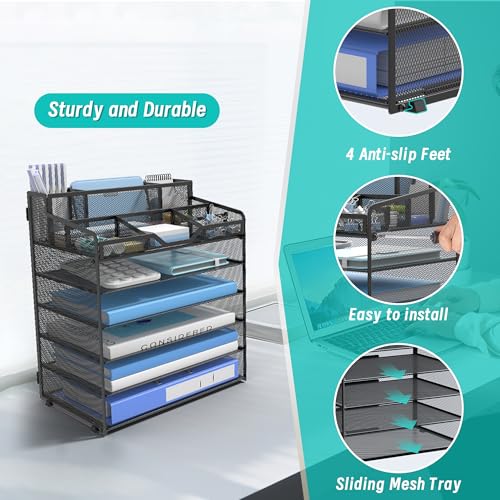6 Tier Mesh Desk Organizer,Multi Functional Letter Paper Tray with 3 Pen Holders and 5 Adjustable Storage Compartments for Office Supplies Files and Mail Space Saving Desktop Organizer-Black - color: 6 Tier-black
