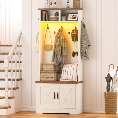 CSZZD Hall Tree with Bench and Shoe Storage, Entryway Bench with Coat Racks and Led Lights, Farmhouse Small Hall Tree with Shoe Cabinet, 7 Coat Hooks, 6 Storage Cubbies, Adjustable Shelf - color: Antique White, size: 23.6"