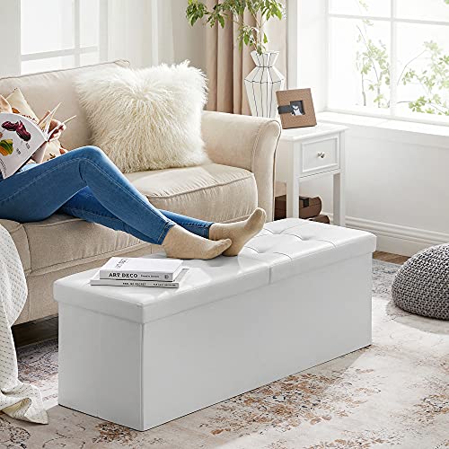 SONGMICS MAZIE Collection - 43 Inches Storage Ottoman Bench with Flipping Lid, Storage Chest with Iron Frame Support, Load 660 lb, for Living Room, Bedroom, Synthetic Leather, White ULSF75WT - color: White, size: 15"D x 43"W x 15"H