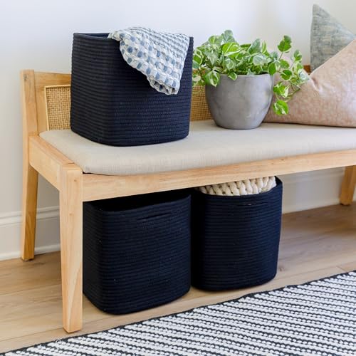 NaturalCozy Storage Cubes 11 Inch Cotton Rope Woven Baskets for Organizing, 3-Pack | Cube Storage Bin | Square Storage Baskets for Shelves Organizer, Classroom, Kids Toy Bins, Closet, Baby Nursery - color: Black