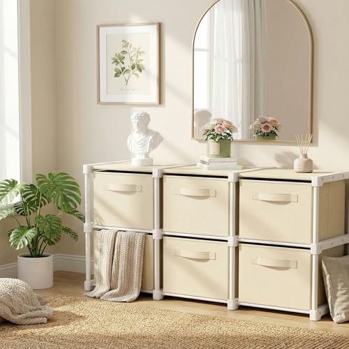 Thyle Large Cube Storage Organizer Shelf with 6 Bins 14 Inch Fabric Collapsible Cubby Storage Drawers Shelving Unit for Christmas Ornaments Clothes Toys Craft(Beige,Minimalist) - color: Beige, style: Minimalist