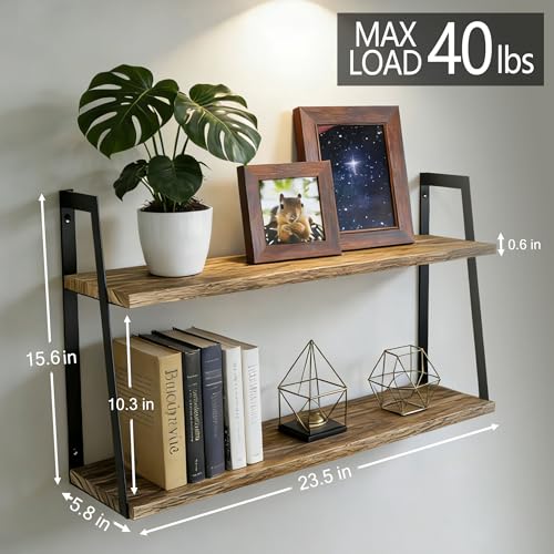 SRIWATANA Floating Wall Shelves, 2-Tier Rustic Wood Shelves for Bedoom, Bathroom, Living Room, Kitchen(Carbonized Black) - color: 1. Carbonized Black