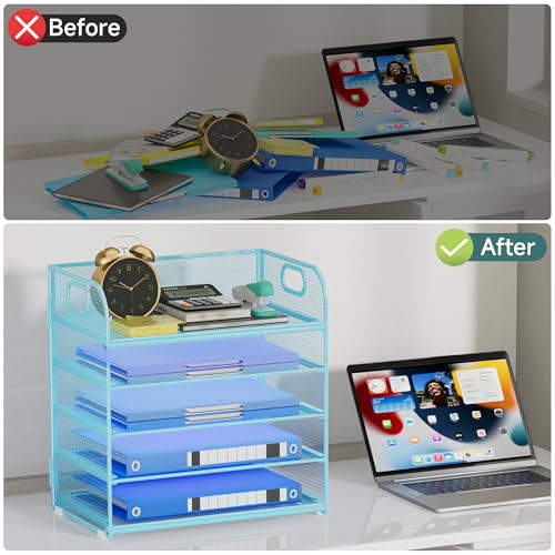 Paper Organizer Letter Tray with Handle Mesh 5-Tier Stackable Desk Organizer for Files/Paper/Office Supplies, Sturdy Carbon Steel Desk Organizer for Home Office & Classroom - color: Blue, size: 12.6" x 9.1" x 13.4"