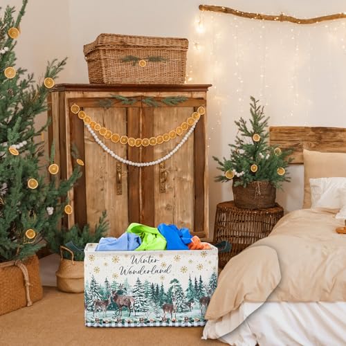Geelin 3 Pcs Christmas Winter Baskets Wonderland Storage Basket for Gifts Collapsible Waterproof Canvas Xmas Reindeer Storage Bin Organizer with Handles for Book Closet Shelf Nursery Decor - style: Christmas Winter