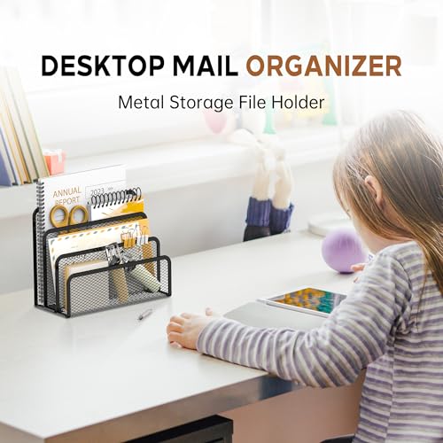 SUPEASY Mail Organizer for Desk, Mesh Metal Mail Holder Countertop with 3-Slot, Letter Sorter File Holder, Office Envelope Organizer for Mails (Black) - color: Black