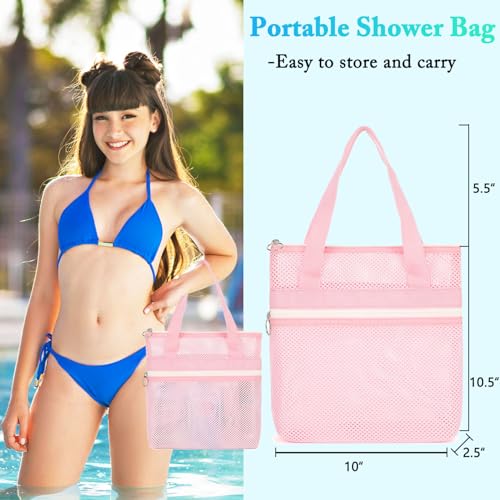 Fammart Mesh Shower Caddy Portable with Zipper & 2 Pockets - Quick Dry Shower Caddy Hanging for Travel Gym Camp Beach - Organizer Bag Bathroom Essentials for College Dorm - color: Small, Zipper Closure - Pink